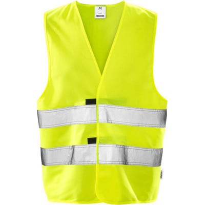 Kansas Fristads Hi-Vis vejvest KL2 501 i gul, størrelse M/L med reflekser og mærkelogo. Vesten er åbenstående med V-hals.