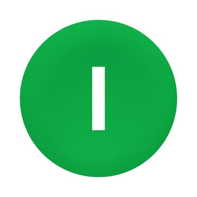 Schneider Electric grøn trykflade med hvidt I symbol, designet til Ø30 mm flush trykknaphoveder på hvid baggrund.