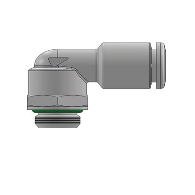 Vinkel drejbar push-in fitting i rustfrit stål, Ø12 mm med G3/8 BSPP gevind, godkendt til fødevarer.