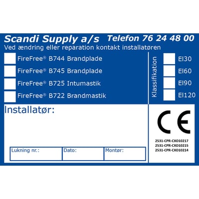 Scandi Supply CE-mærkat til brandlukning, viser FireFree produkter B744, B745, B725, B722 og klassifikationer El30, El60, El90, El120.