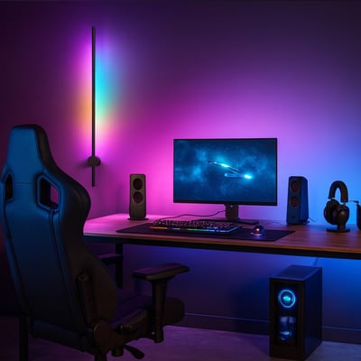 Justerbar RGBIC væglampe viser et fuldt spektrum af farver på en væg over et gaming-setup med computer og stol.