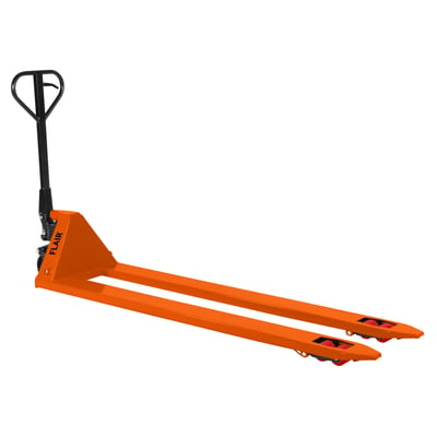 FLAIR FL20202 palleløfter i klar orange farve med sort håndtag og røde PU-hjul, velegnet til 2000kg og 2000mm lange paller.