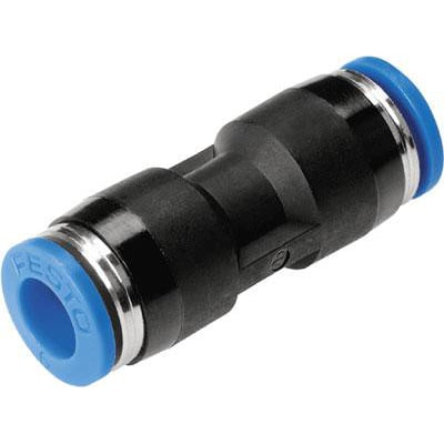 Festo lige-forbindelse QS-16, en sort plastfitting med blå push-in endestykker og metalringe.