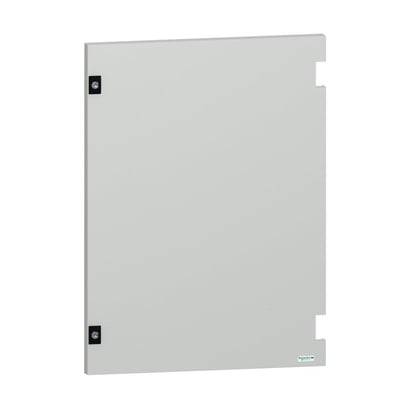 Grå låge 7035 i polyester fra Schneider Electric til NSYPLM75 uden lås, med synlige skruehuller og logo.