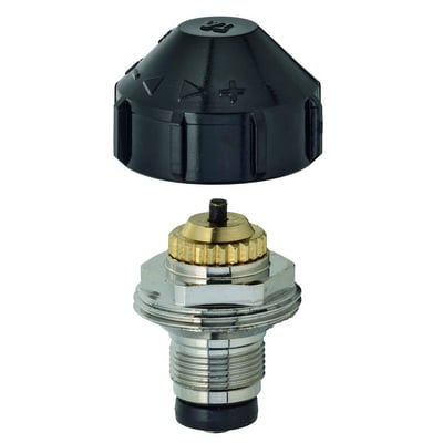IMI termostatindsats, M28x1,5 mm, adskilt i to dele: den sorte justeringsdæksel med markeringer og den blanke messing og metalindsats med gevind.