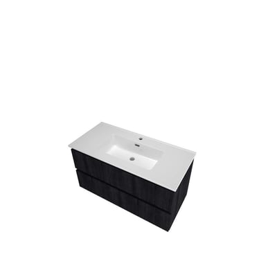 Sanibell Proline møbelsæt i kul eg med 101 cm bredde, 46 cm dybde og 2 softclose skuffer samt porcelænsvask med hanehul.