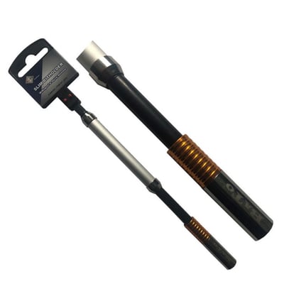 BaTo Slim Quicklock-bitsholder på 200 mm med 1/4" fatning, sort og sølvfarvet med orange detaljer og emballagekort.