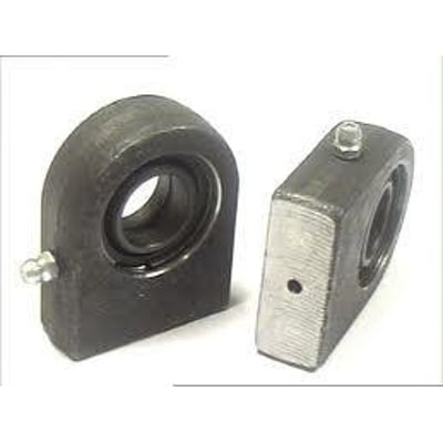 To ledhoveder GF90DO til hydrauliske cylindere, et set fra siden og et set forfra med smørenipler, klar til påsvejsning.