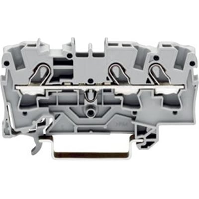 Detaljeret billede af Wagos grå gennemgangsklemme, der viser indersiden af tilslutningsmekanismen.