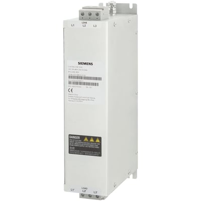 Siemens SINAMICS V line filter med 1 AC 200-240V input og mærkat med tekniske specifikationer og fareadvarsel.