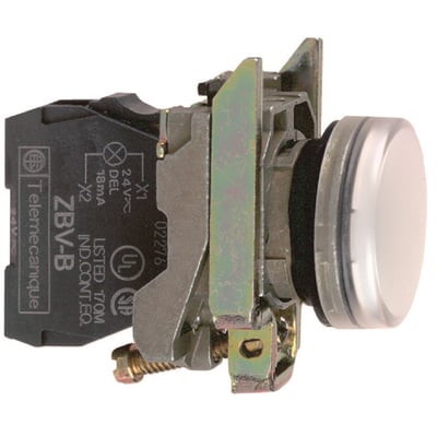 Schneider Electric signallampe ZBV-B, hvid LED, 110-120V AC, Ø 22mm metal med Telemekanique mærkning.