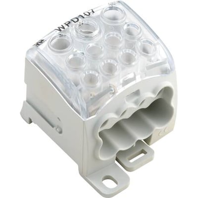 Weidmüller fordelerklemme med skrueterminaler, 1-faset, 690V AC, med tydelig mærkning og klar plastoverdel.