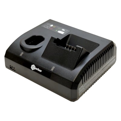 Norbar 18V EBT-lader i sort med batteriholder og ventilationsriller, set skråt forfra.