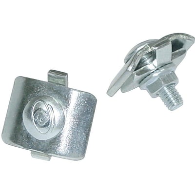 Samlebolt til gitterbakke FZS, fremstillet i el-forzinket stål, viser to dele isoleret mod hvid baggrund.