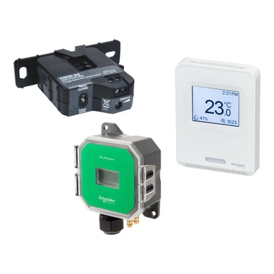 Schneider Electric STP temperatursensor med 250 mm probe, vist sammen med en strømtang og en digital termostat.