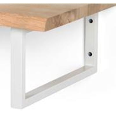 Hvide konsoller til håndvask med en dybde på 43 cm og en højde på 20 cm, monteret under et lysebrunt træbordplade.