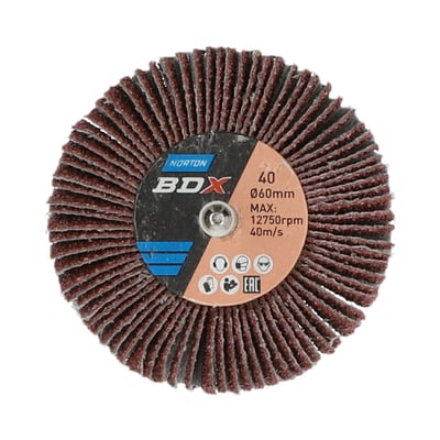 Norton Metal R207PLUS slibevift med brune slib lameller i radial form, P40-korn og 60 mm diameter.
