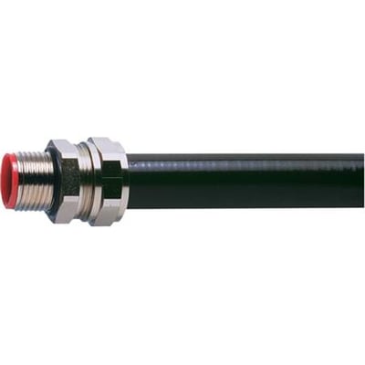 Thomas & Betts Adaptasteel fitting, lige, af forniklet messing med en rød lukkeplade på enden, monteret på en sort slange.