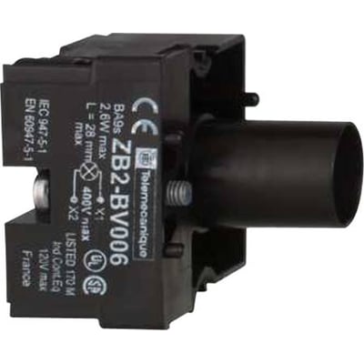 Schneider Electric Harmony XB2 lampekrop med BA9s fatning og 400V mærkning, vist fra siden med mørk baggrund.