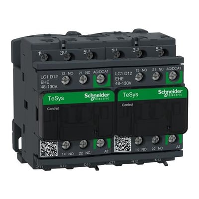 Schneider Electric TeSys D Green 3-pole kontaktor, 12A, 48-130V AC/DC, med 'LC1 D12 EHE' mærkning og grønne kontrolterminaler.