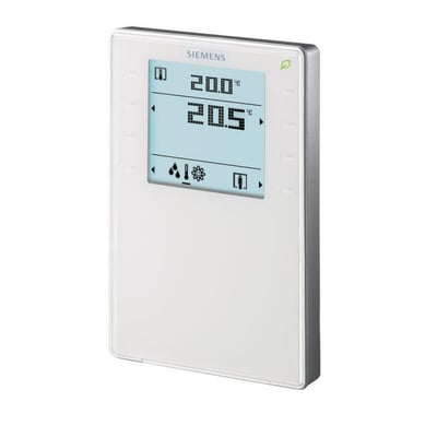 Siemens QMX3.P34 rumapparat med integreret temperaturføler og KNX, hvid med lysblåt LED display, der viser 20.0°C og 20.5°C.