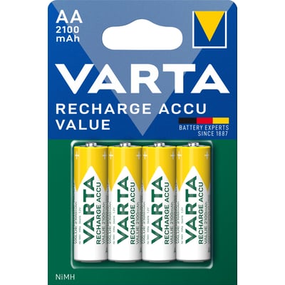 Emballagen til VARTA Recharge Accu Value genopladeligt AA-batteri, 2100 mAh, med fire batterier vist på forsiden.