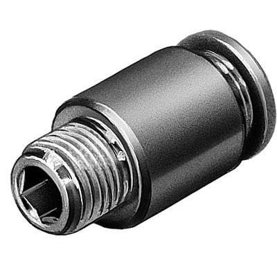 Festo lige forskruning QS-1/2-12-I med udvendigt gevind og indvendig sekskantfatning i metallisk finish på neutral baggrund.