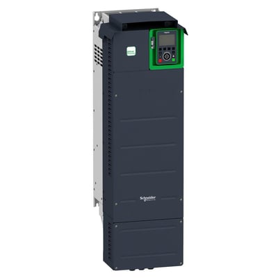Schneider Electric Altivar Process frekvensomformer på 45kW, 3x230V, IP22 med grønt kontrolpanel og mørkeblå kabinet.