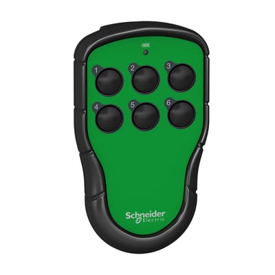 Schneider Electric ZART06 pocket sender med 6 nummererede knapper, grønt frontpanel og batteriindikator.