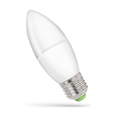 SpectrumLED 6W C37 LED-kertepære med hvid, mat overflade og E27-fatning, vist skråt fra siden.