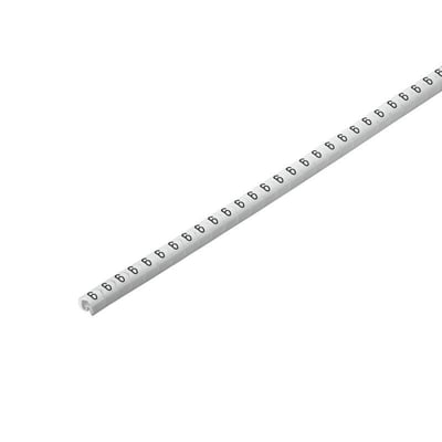 Weidmüller kabelkodningssystem med gentagne tal 6 på en hvid mærkeskinne, til ledere med diameter på 1,3–3 mm.