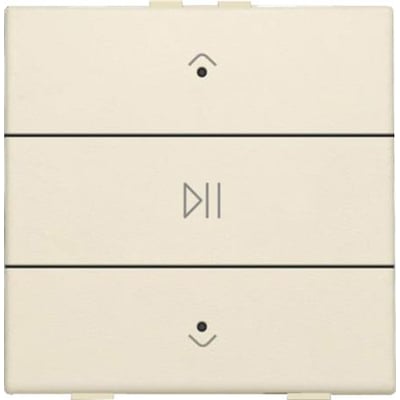 Niko Audio tryk i creme farve med LED-indikator og ikoner for play/pause og op/ned. Trykket er fremstillet i holdbart plastmateriale.