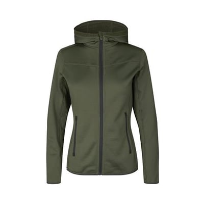 ID dame cardigan 0841 i olivengrøn str. L, med hætte, lynlås og sidelommer, fremstillet i strækbart vaffel fleece materiale.