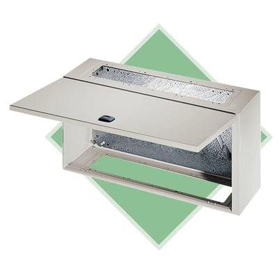 Eldon vægskab set fra oven, med åben dør, der viser den galvaniserede monteringsplade og låsefunktion.