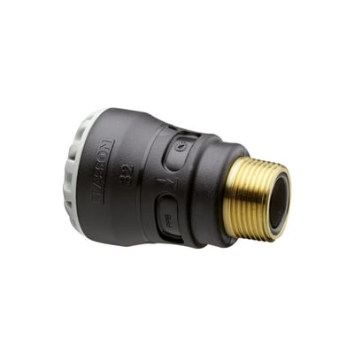 Plasson overgang med nippel, PN16, i sort PP og messing med 32 mm rørdiameter og 1" udvendig gevind.