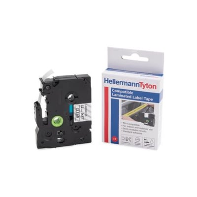 HellermannTyton HTZ231 lamineret labeltape, 12 mm og 8 meter, ses som en sort kassette ved siden af emballagen.