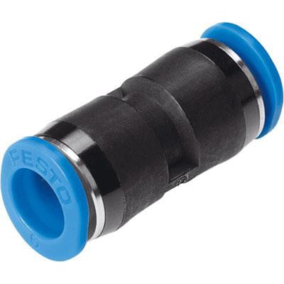 Festo lige-forbindelse QSM-3 er en mini push-in connector med en nominel størrelse på 1,9 mm i sort plast med blå fittings.