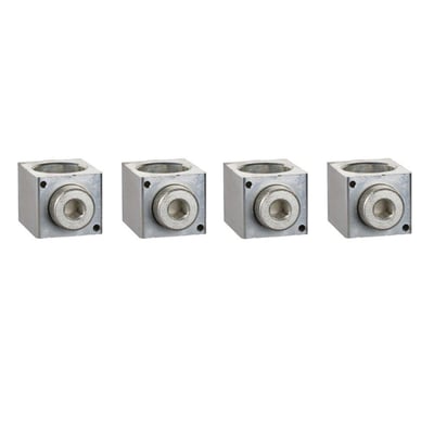 Fire Schneider Electric klemmestykker til 35-300mm² kabler, lavet af aluminium, opstillet i en række på en hvid baggrund.