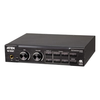 ATEN VP1421-AT-G 4 x 2 True 4K matrix-switch set skråt forfra med drejeknapper og valgknapper på fronten.