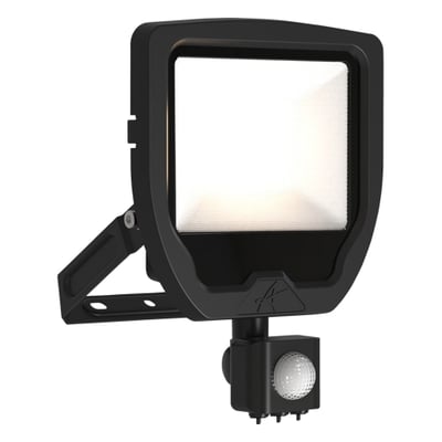 Ansell Lighting Calinor Evo LED projektør med PIR-sensor, set forfra med lyset tændt og en bred lysspredning.