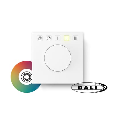 Jumitech DALI-2 potentiometer i hvid med drejeknap, fem knapper og farvehjul-symbol på hvid baggrund.