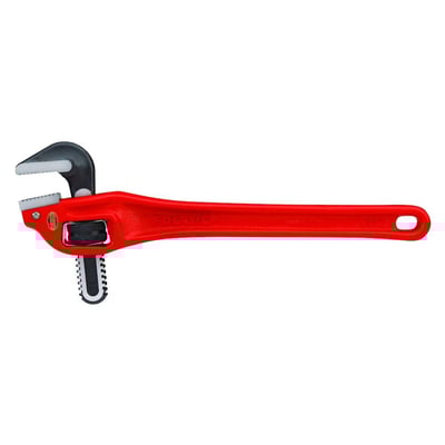 Rød Ridgid rørtang model 14, 2" kapacitet, med stærke kæber og hængehul i håndtaget, vist på hvid baggrund.