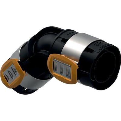 Geberit FlowFit 45 graders vinkel i sort PPSU med en diameter på 75mm, vist med orange beskyttelsesclips og metalringe.