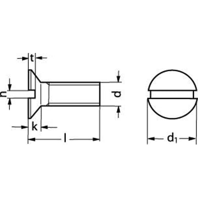 Teknisk tegning af M5X16 DIN 963 A2 undersænket maskinskrue med angivne dimensioner som 'c', 't', 'k', 'l', 'p' og 'd1'.