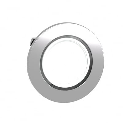 Schneider Electric Flush ZB4F LED signallampehoved i hvid, vist fra en let vinkel med fokus på den hvide lysflade og metalkant.