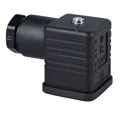 Sort, vinklet Telemecanique Sensors hunstik XZCC43FCP40BJ med fire poler og Pg11-tilslutning set skråt forfra.