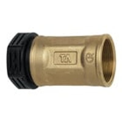 IMI TA 32 mm x 1.1/4" messing overgangsmuffe med sort plasttrykskrue, PN16, vist fra siden på hvid baggrund.