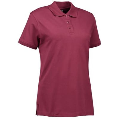 ID Identity dame polo shirt i bordeaux, str. XL, med stretch og tone i tone-knapper, vist forfra på hvid baggrund.