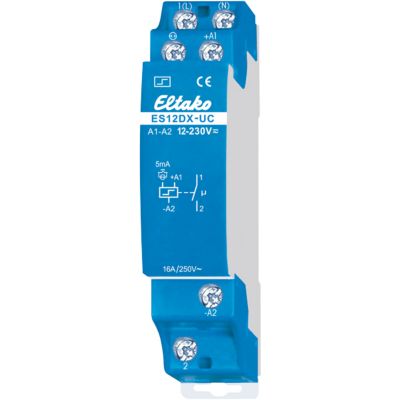 Blåt Eltako elektronisk kiprelæ set forfra med synlige skrueterminaler, 12-230 V AC/DC og 16 A.