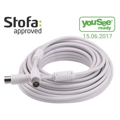 Hvidt Triax antennetilslutningskabel på 10 meter med IEC-han- og IEC-hun-stik og ferritkerner.